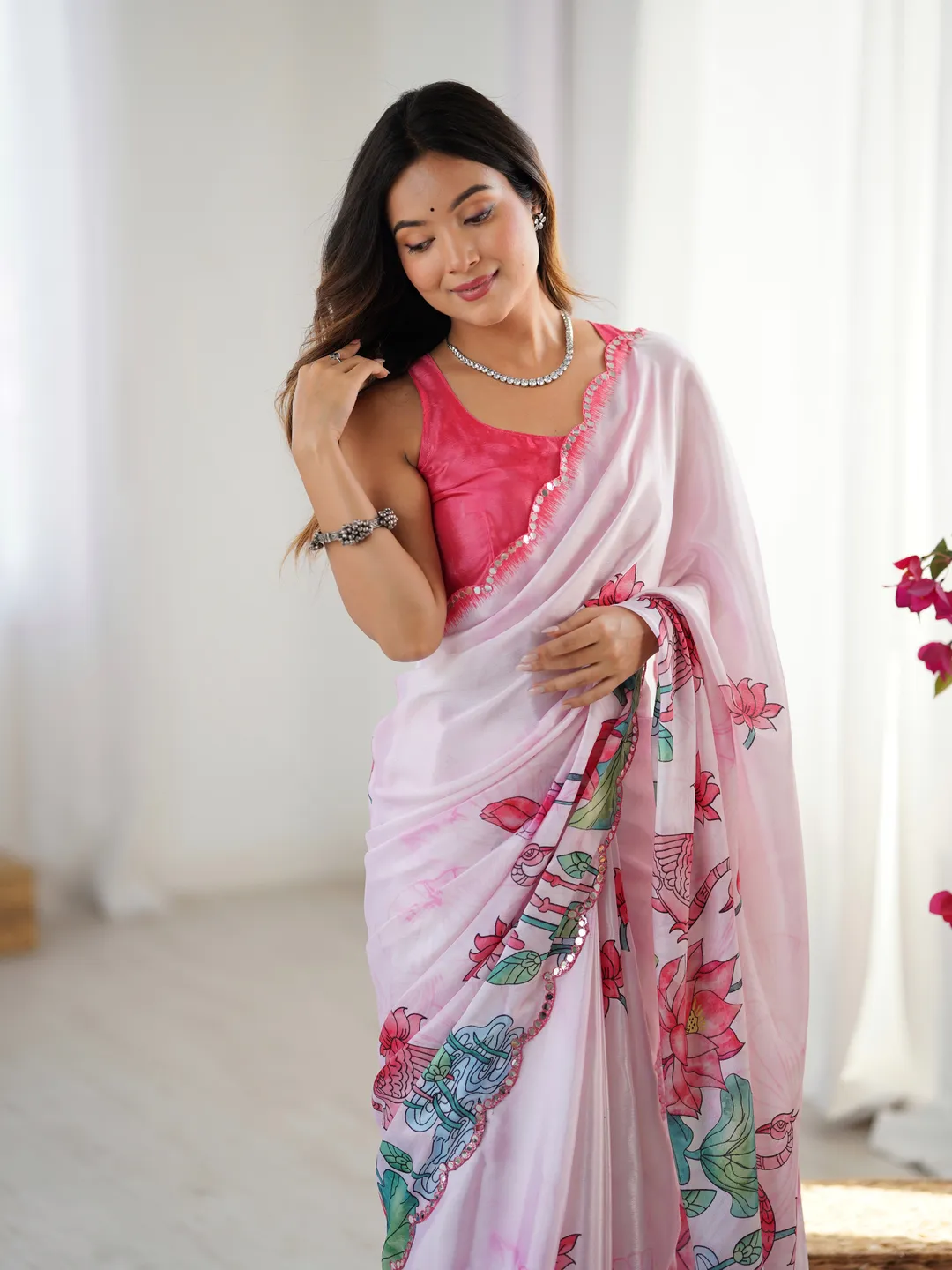 Lotus Print Heavy Chinnon Saree with Kutchi Mirror Lace
