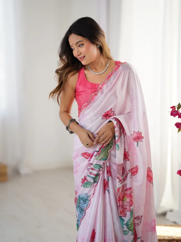 Lotus Print Heavy Chinnon Saree with Kutchi Mirror Lace