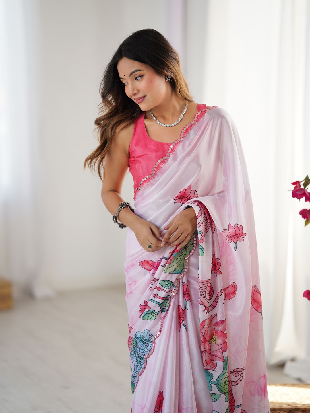 Lotus Print Heavy Chinnon Saree with Kutchi Mirror Lace
