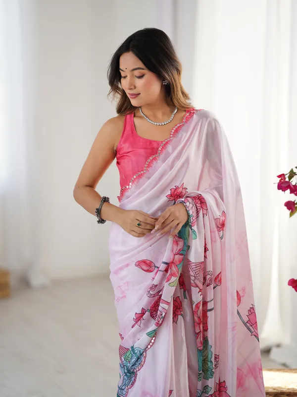 Lotus Print Heavy Chinnon Saree with Kutchi Mirror Lace