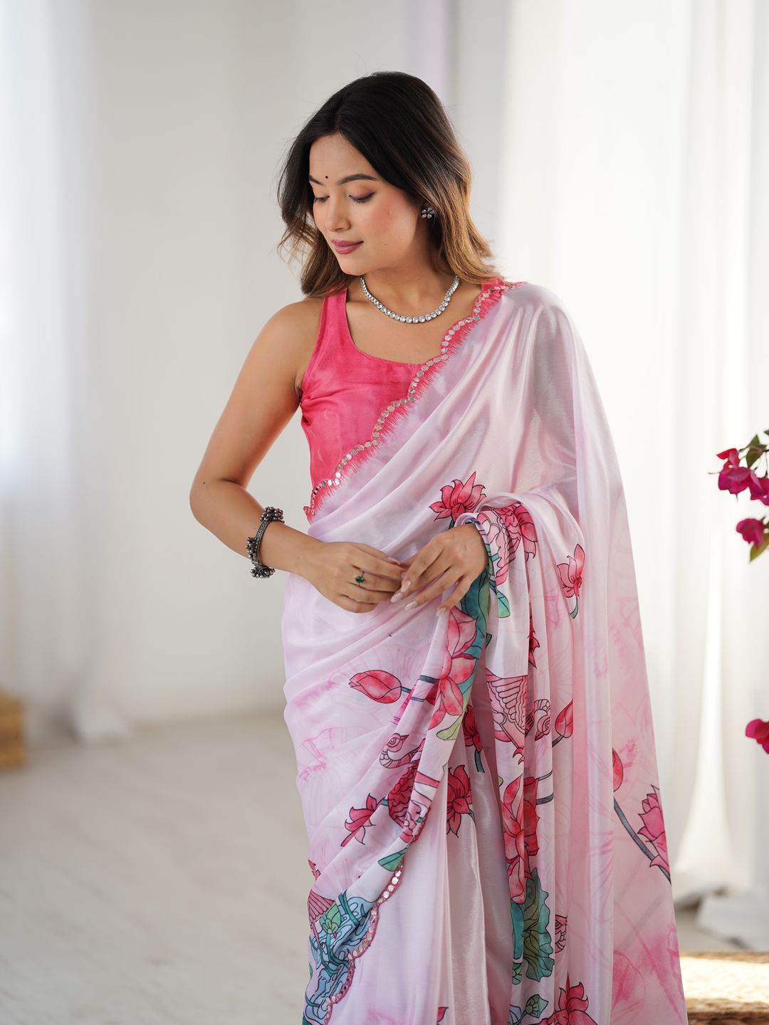 Lotus Print Heavy Chinnon Saree with Kutchi Mirror Lace