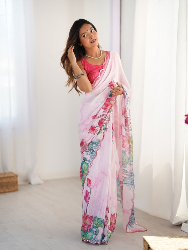 Lotus Print Heavy Chinnon Saree with Kutchi Mirror Lace