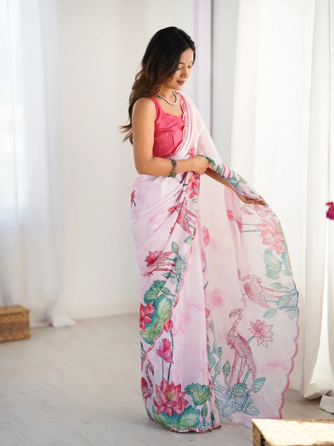 Lotus Print Heavy Chinnon Saree with Kutchi Mirror Lace