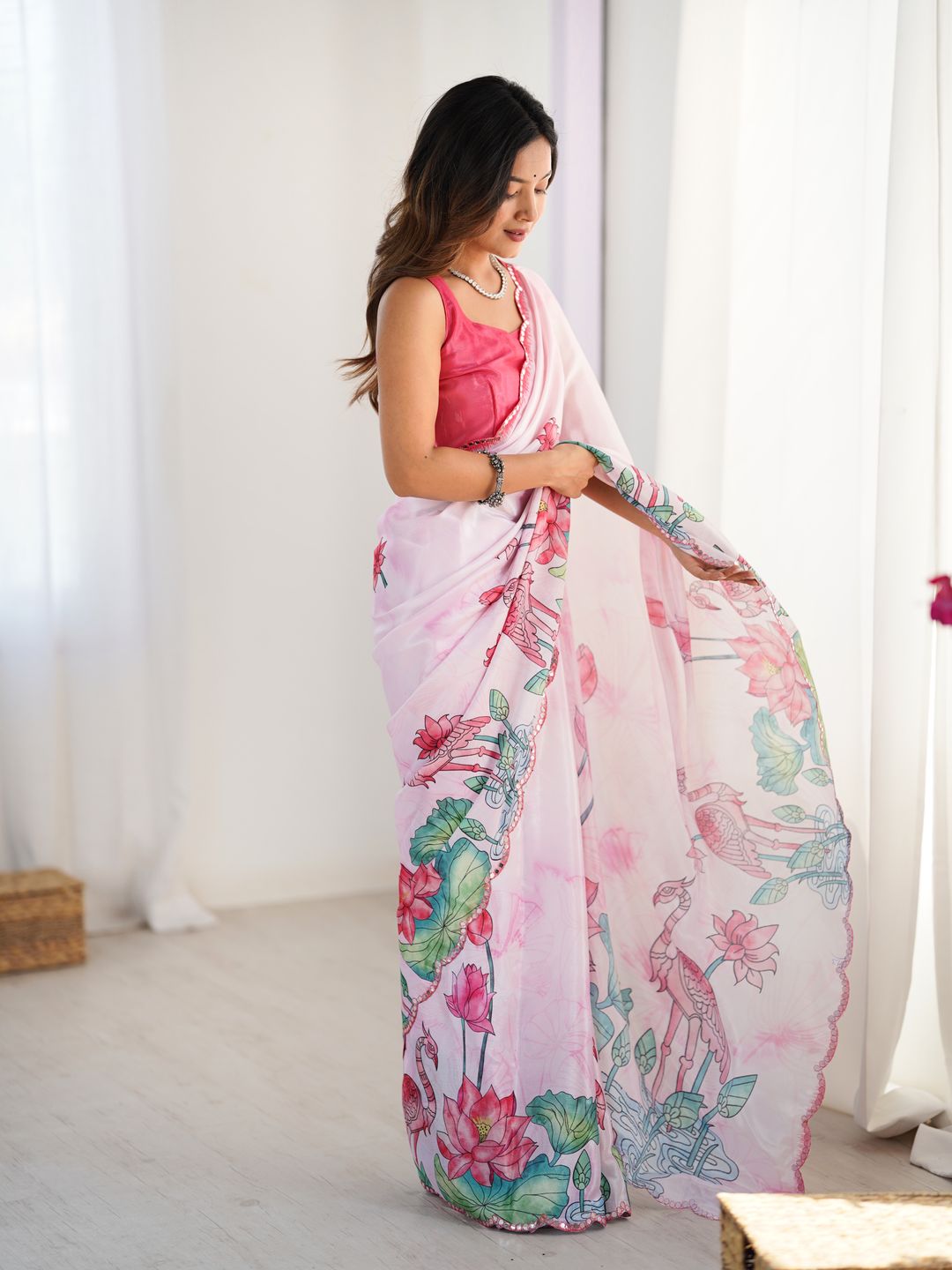 Lotus Print Heavy Chinnon Saree with Kutchi Mirror Lace