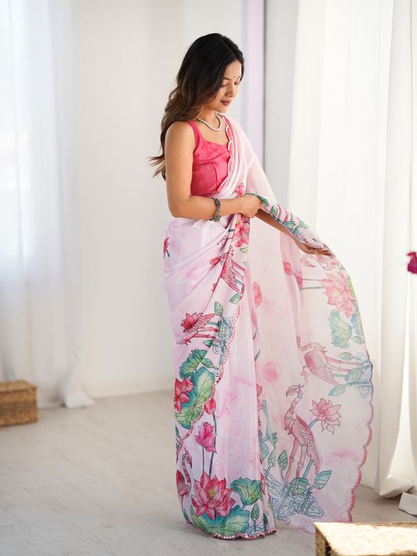 Lotus Print Heavy Chinnon Saree with Kutchi Mirror Lace