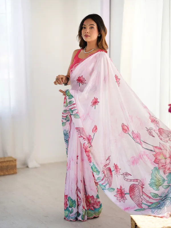Lotus Print Heavy Chinnon Saree with Kutchi Mirror Lace