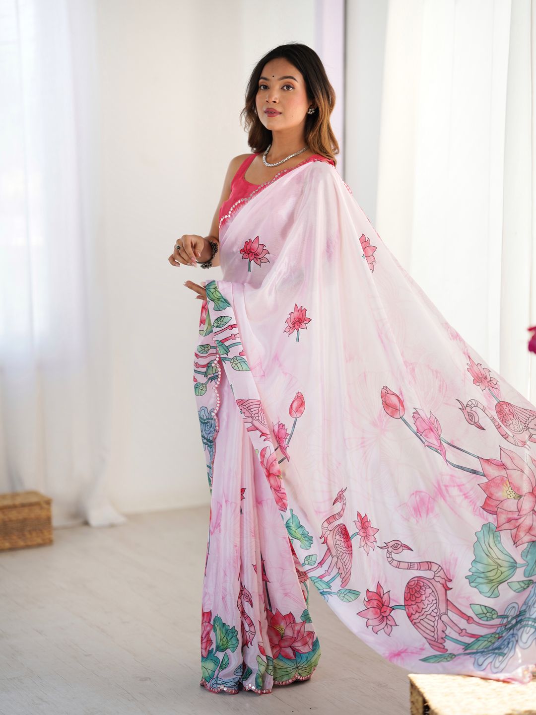 Lotus Print Heavy Chinnon Saree with Kutchi Mirror Lace