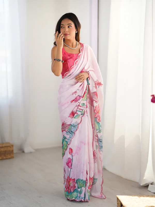 Lotus Print Heavy Chinnon Saree with Kutchi Mirror Lace