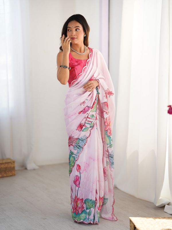 Lotus Print Heavy Chinnon Saree with Kutchi Mirror Lace