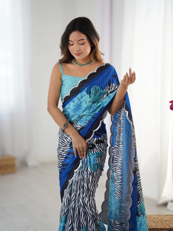 Blue Petal Elegance Chinnon Saree