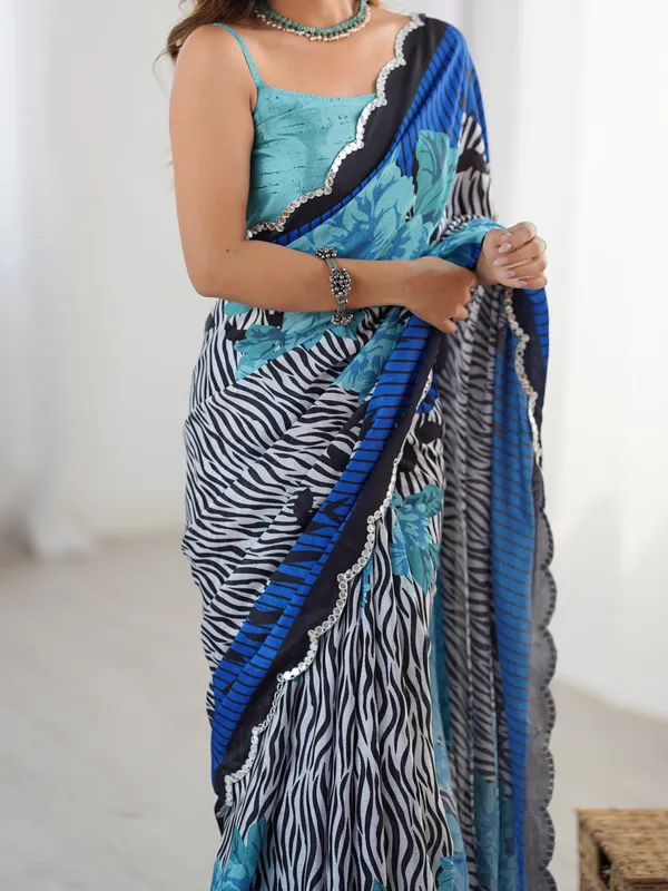 Blue Petal Elegance Chinnon Saree