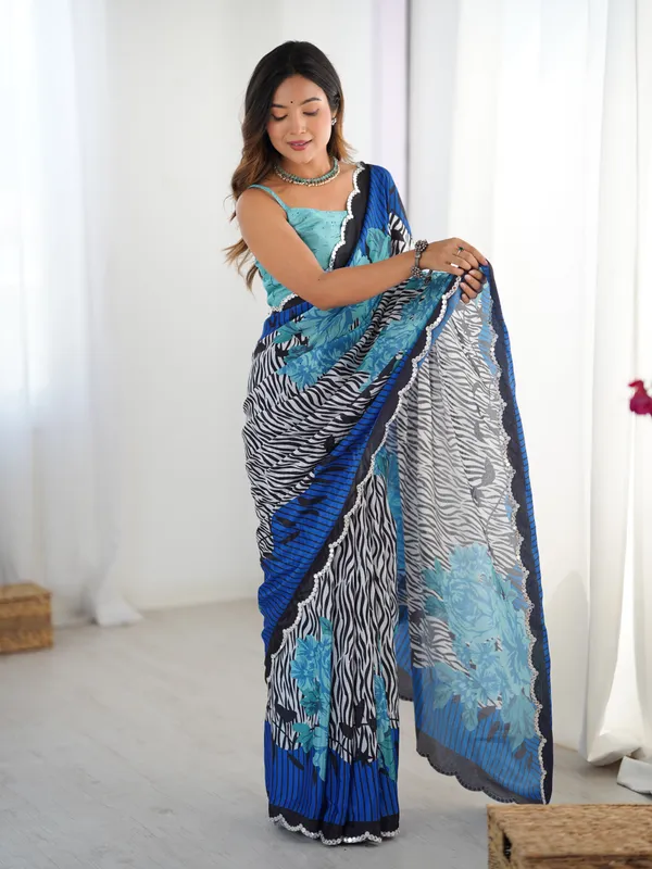 Blue Petal Elegance Chinnon Saree