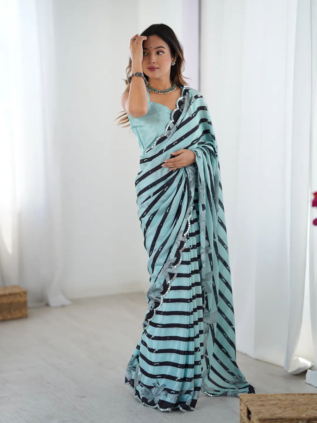 Sky Blue Floral Printed Chinnon Saree