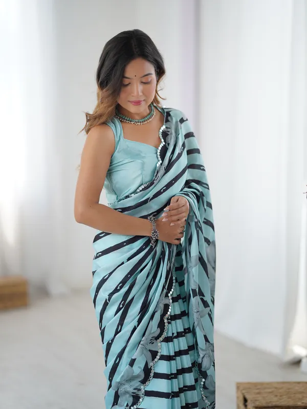 Sky Blue Floral Printed Chinnon Saree