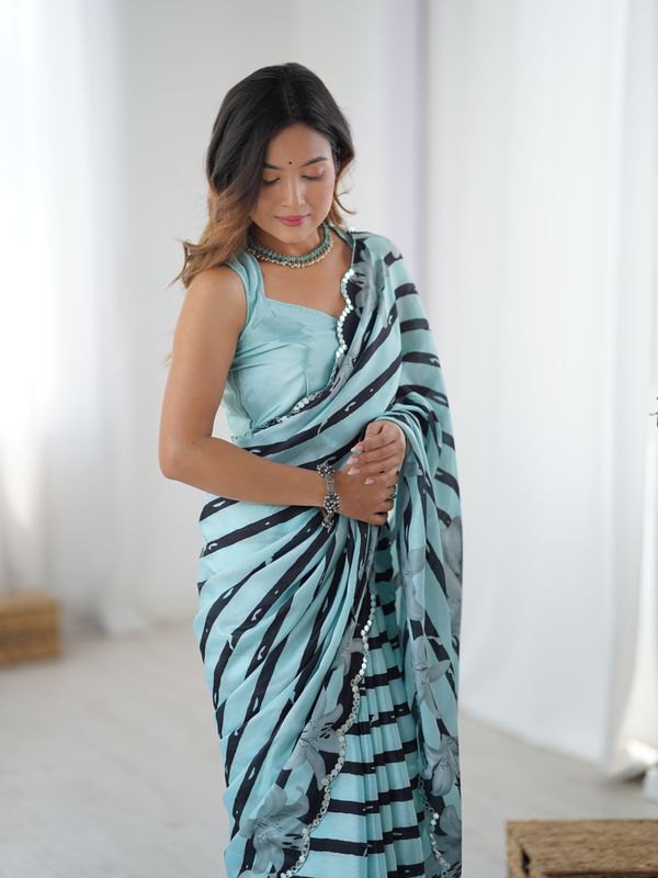 Sky Blue Floral Printed Chinnon Saree