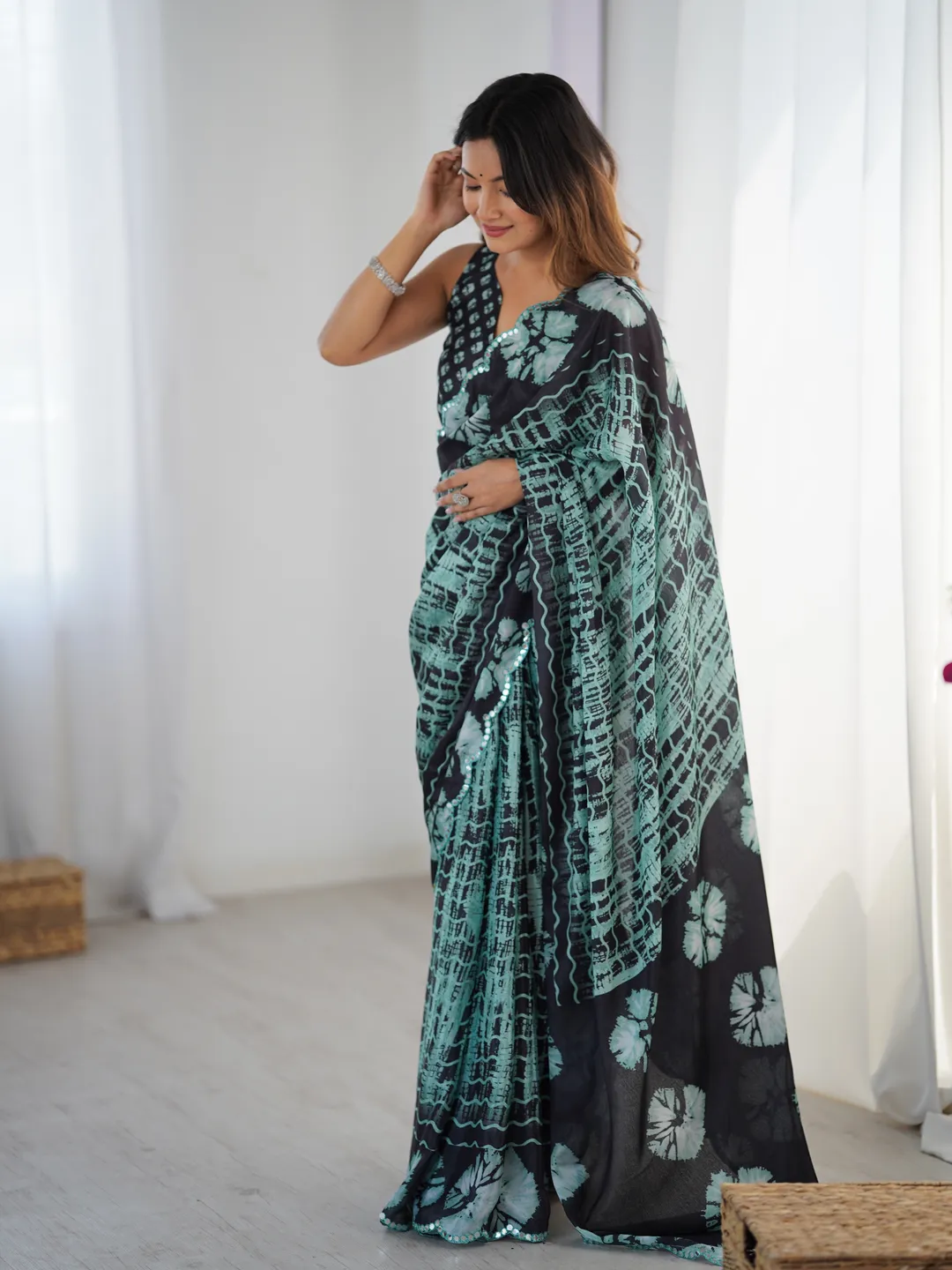 Black Mint Abstract Printed Heavy Chinnon Saree with Mirror Lace Border