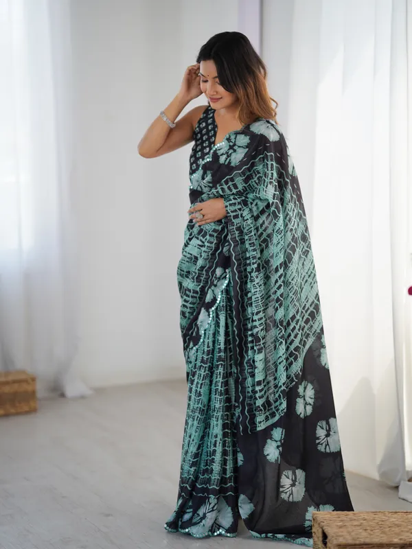 Black Mint Abstract Printed Heavy Chinnon Saree with Mirror Lace Border