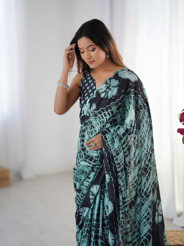 Black Mint Abstract Printed Heavy Chinnon Saree with Mirror Lace Border