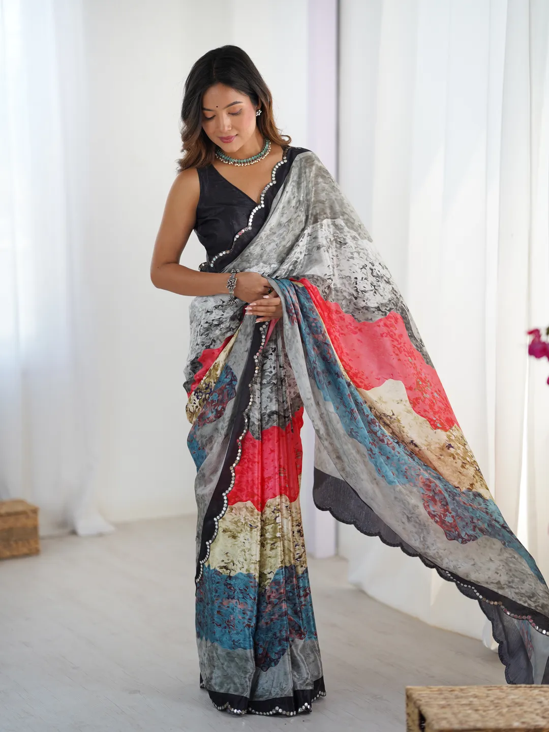 Multicolor Heavy Chinnon Printed Saree for Women