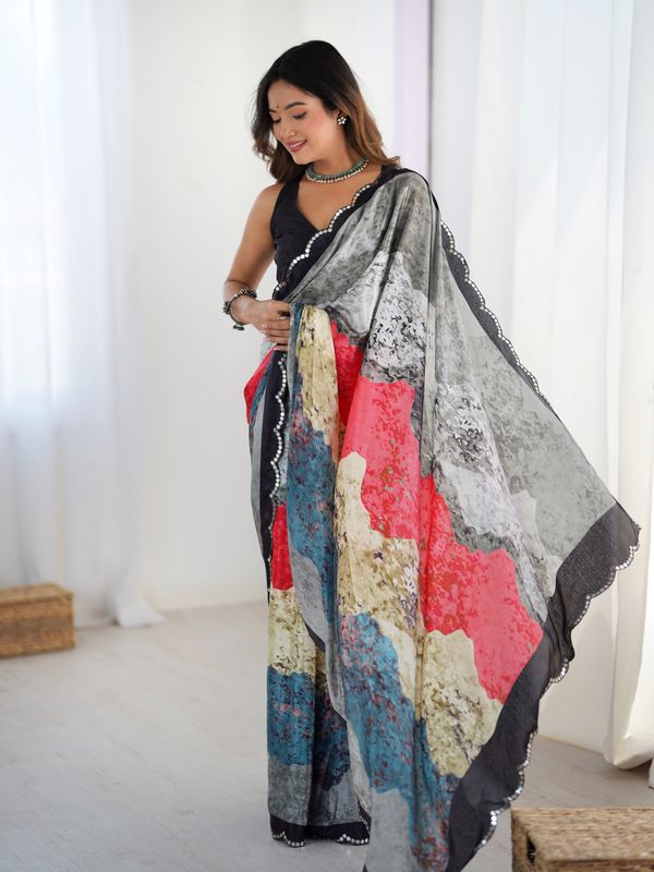 Multicolor Heavy Chinnon Printed Saree for Women