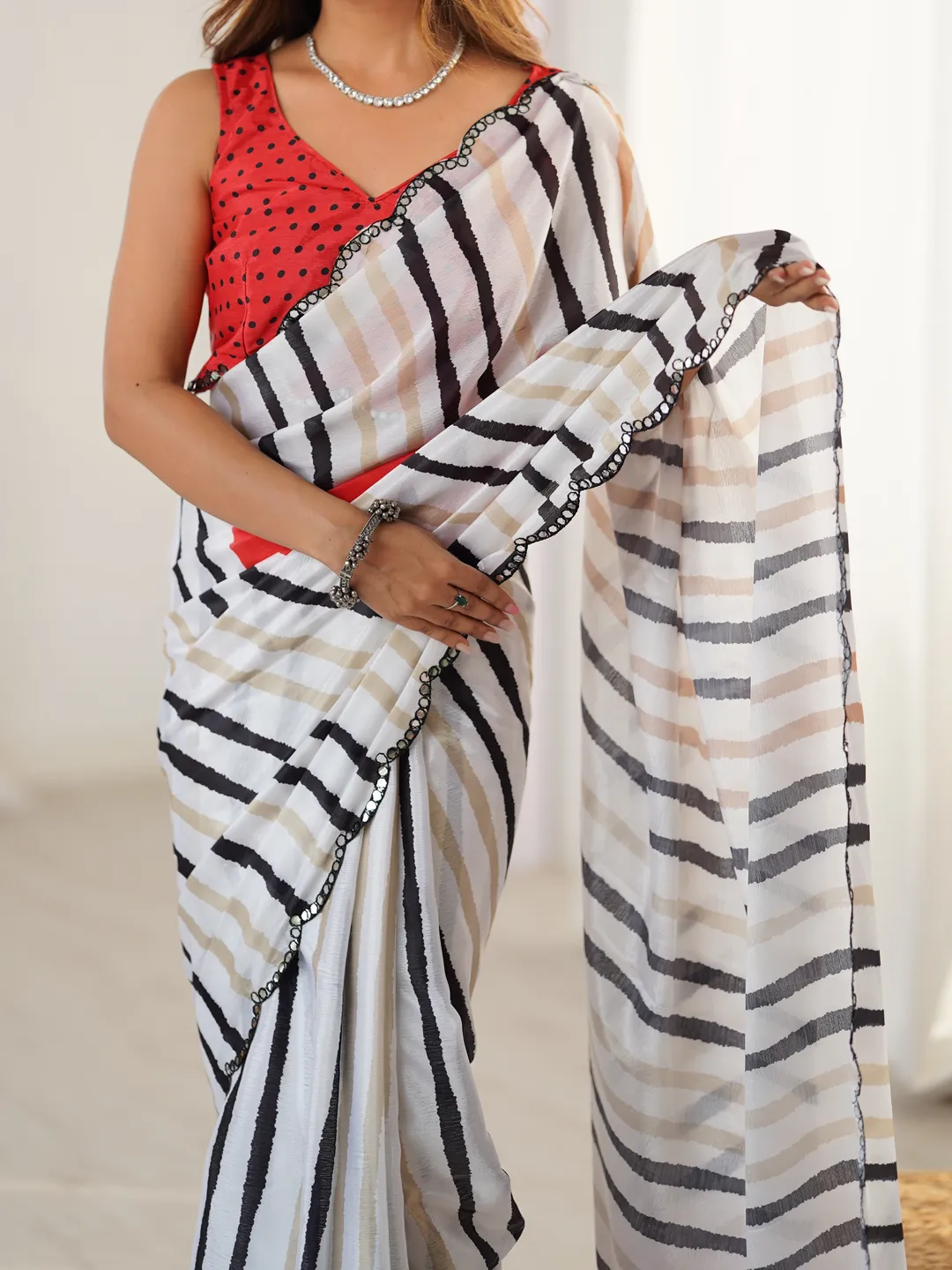 Ivory Striped Heavy Chinnon Saree for Women