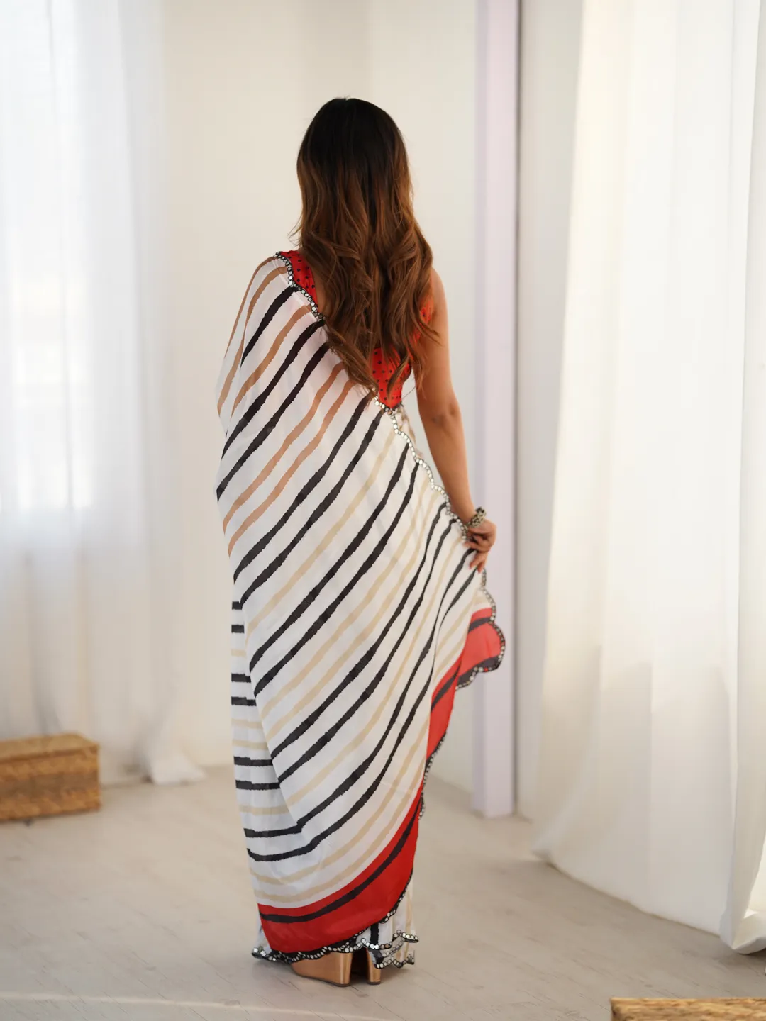 Ivory Striped Heavy Chinnon Saree for Women
