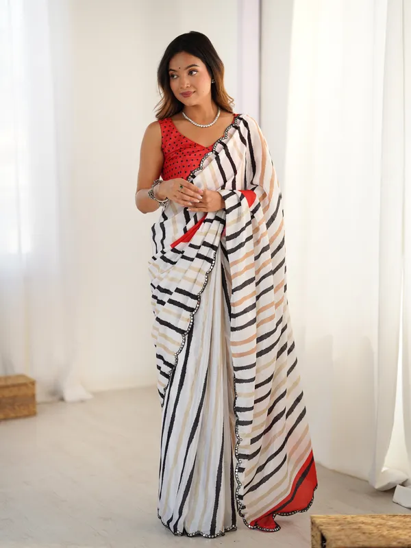 Ivory Striped Heavy Chinnon Saree for Women