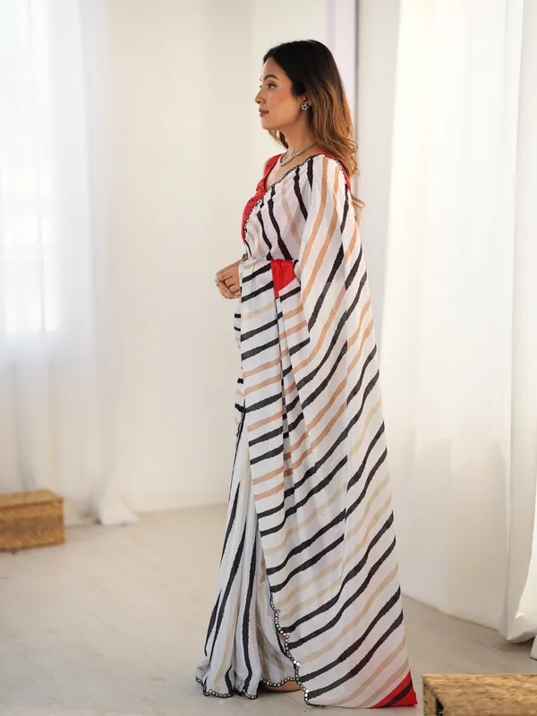 Ivory Striped Heavy Chinnon Saree for Women