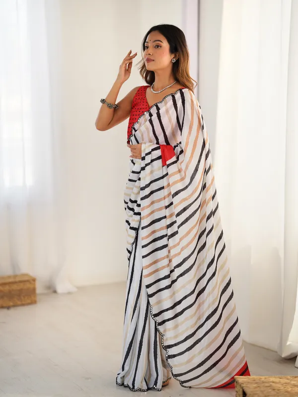 Ivory Striped Heavy Chinnon Saree for Women