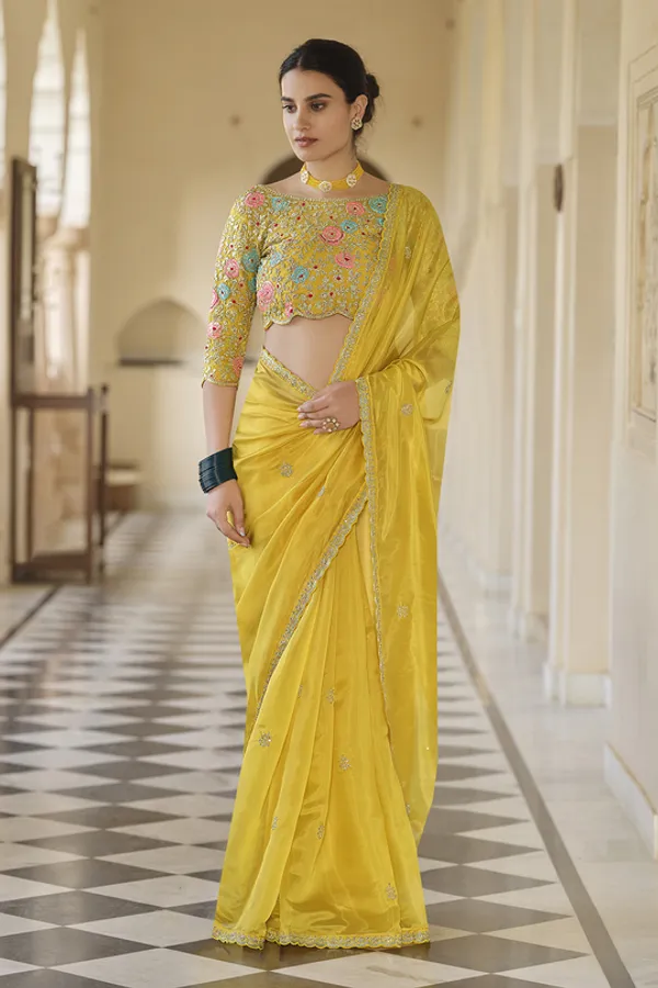 Yellow Organza Embroidered Saree with Unstitched Net Blouse