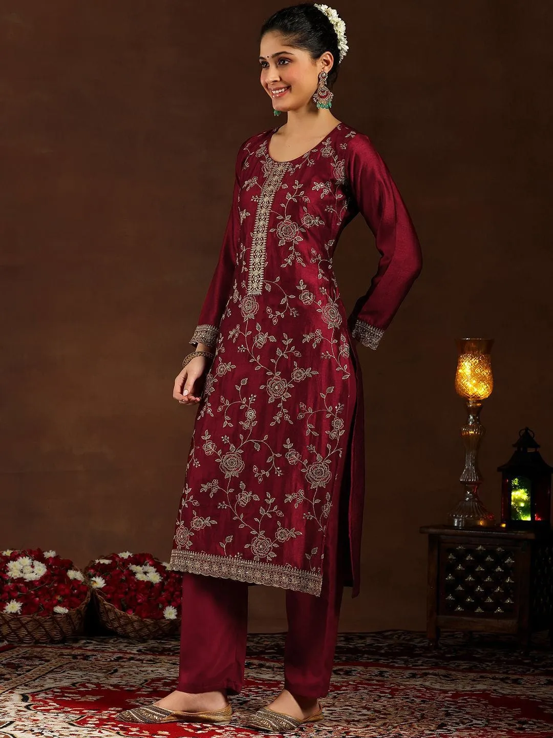 Shop Maroon Pure Vichitra Silk Embroidered Kurta Set Online