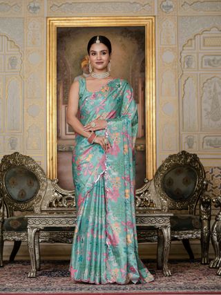 Turquoise Floral Heavy Chinnon Ready to Wear Saree