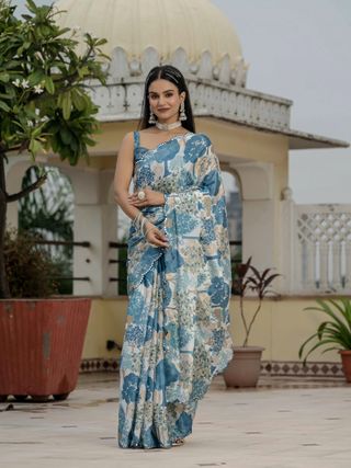Floral Chinnon Ready to Wear Saree with Mirror Lace