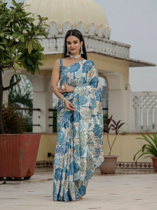 Floral Chinnon Ready to Wear Saree with Mirror Lace