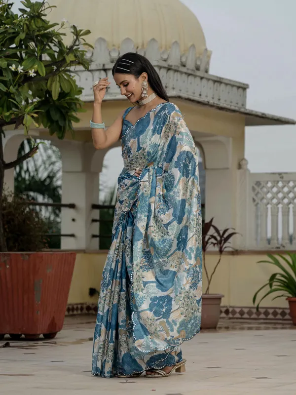 Floral Chinnon Ready to Wear Saree with Mirror Lace