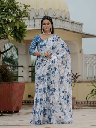 White Blue Floral Chinnon Ready to Wear Saree