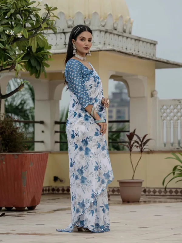 White Blue Floral Chinnon Ready to Wear Saree