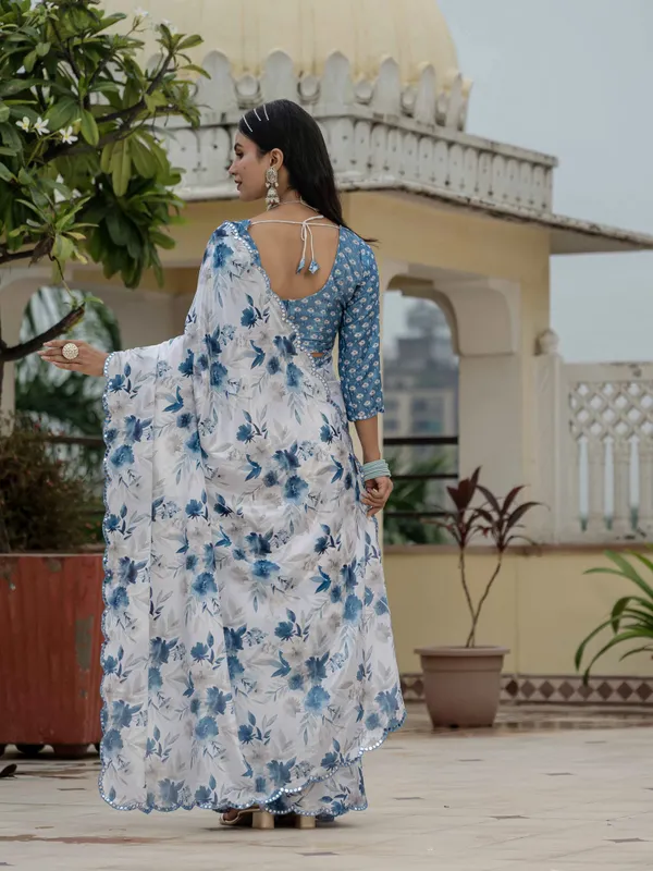 White Blue Floral Chinnon Ready to Wear Saree