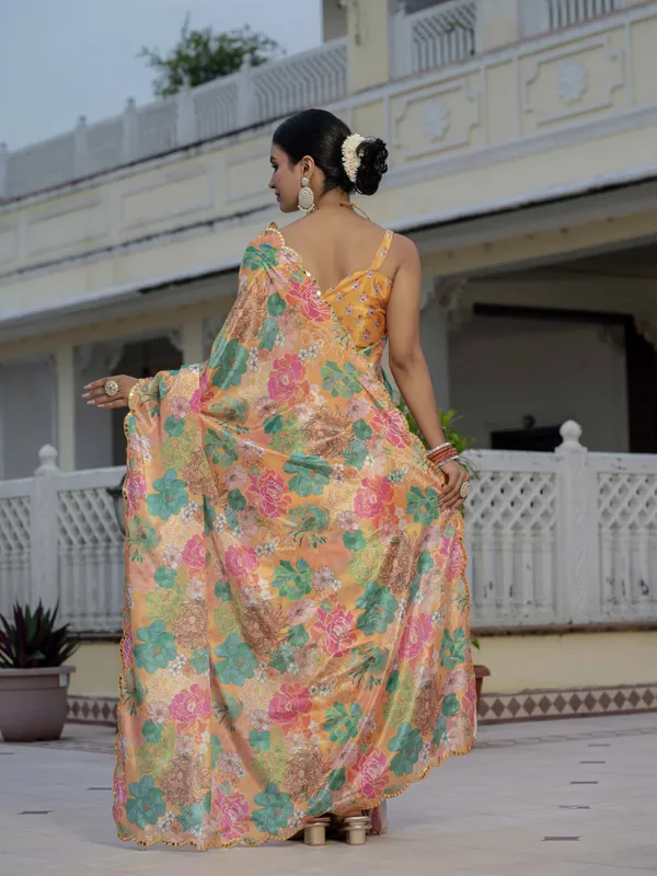 Peach Floral Heavy Chinnon Ready to Wear Saree