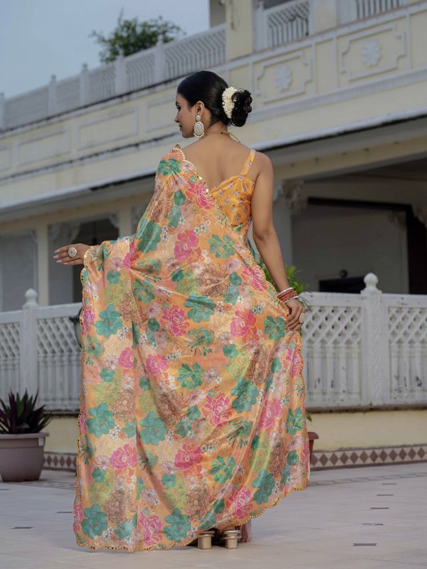 Peach Floral Heavy Chinnon Ready to Wear Saree