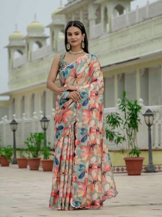 Sage Green Floral Heavy Chinnon Ready to Wear Saree