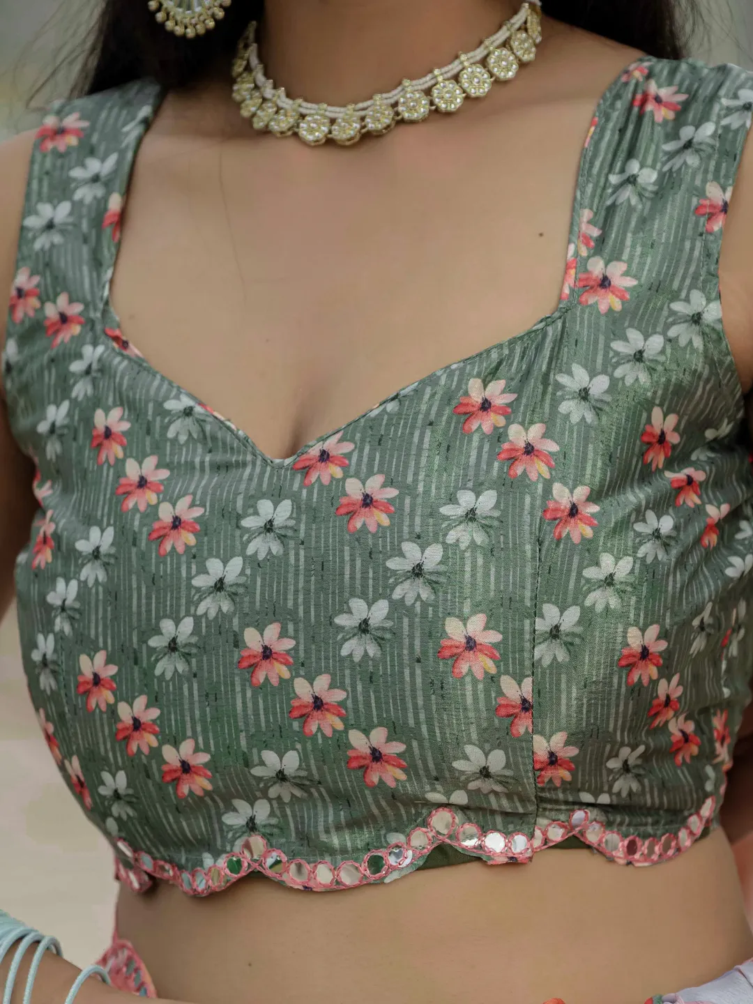 Sage Green Floral Heavy Chinnon Ready to Wear Saree