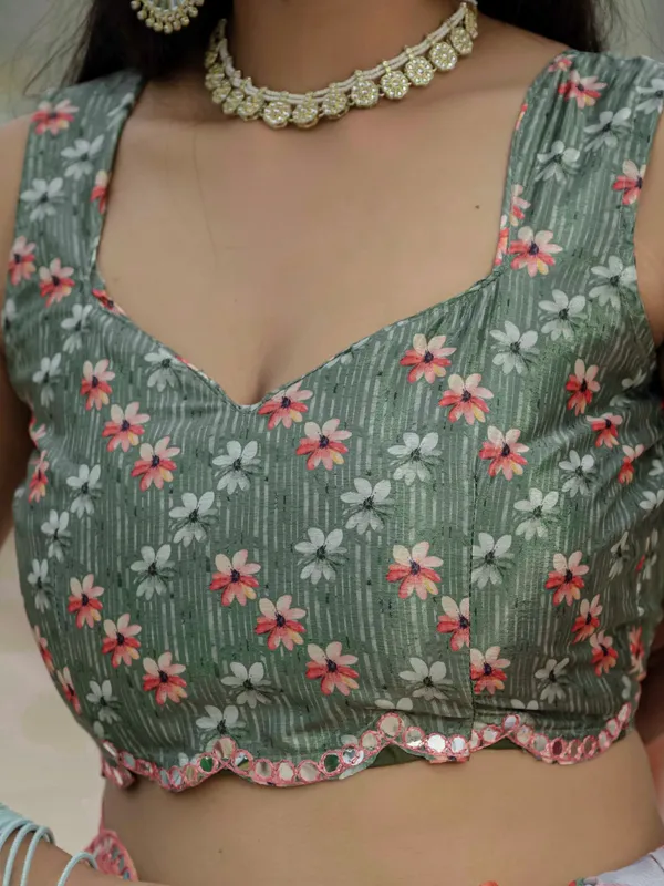 Sage Green Floral Heavy Chinnon Ready to Wear Saree