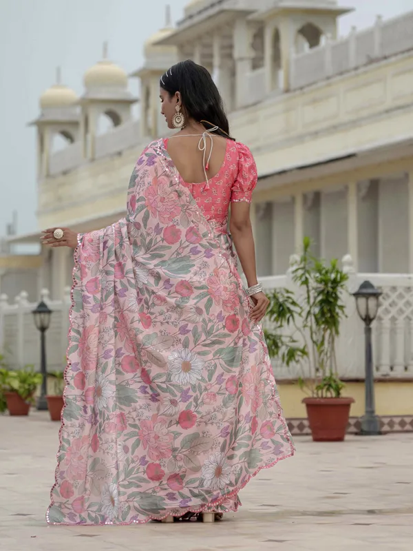 Blush Pink Floral Heavy Chinnon Ready to Wear Saree
