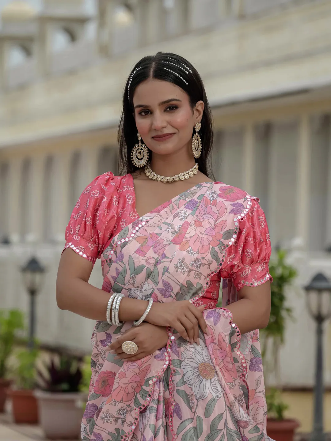 Blush Pink Floral Heavy Chinnon Ready to Wear Saree