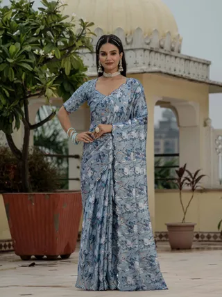 Powder Blue Floral Heavy Chinnon Ready to Wear Saree