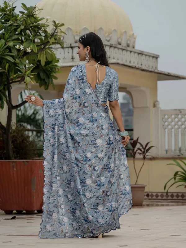 Powder Blue Floral Heavy Chinnon Ready to Wear Saree