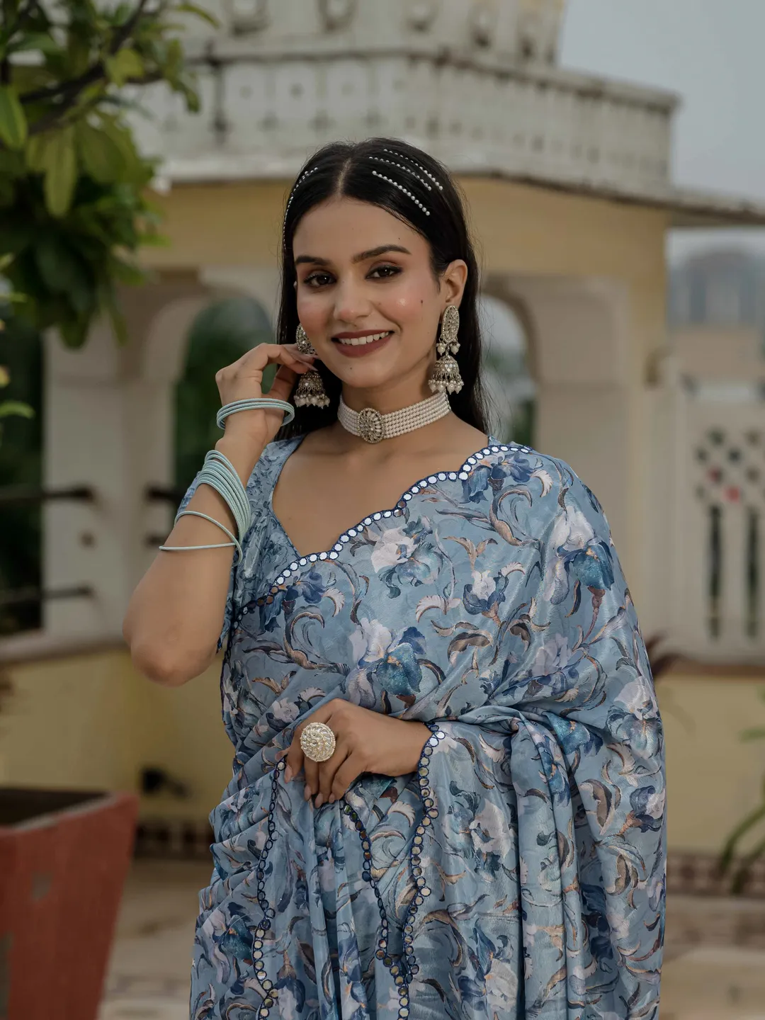 Powder Blue Floral Heavy Chinnon Ready to Wear Saree