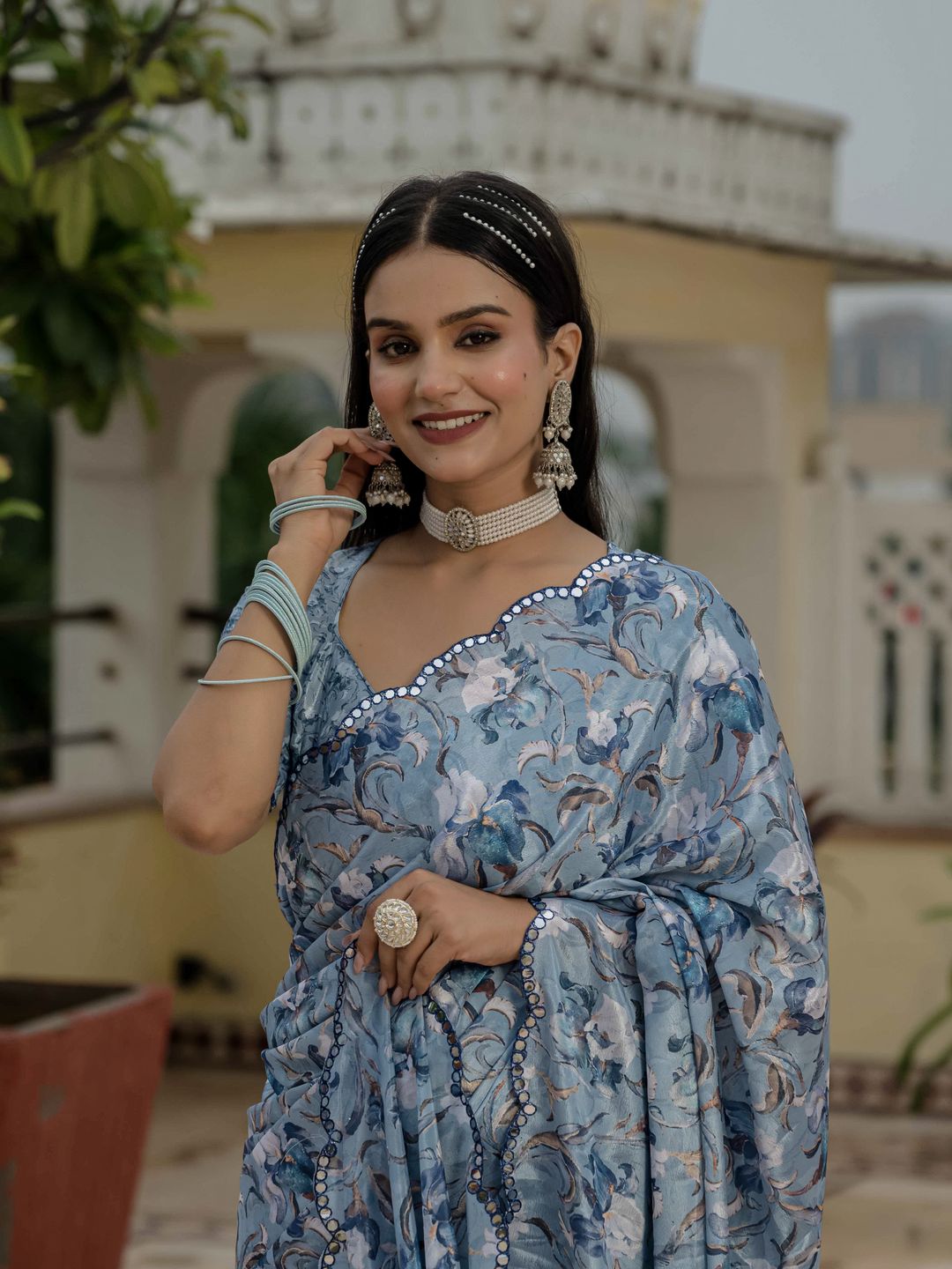 Powder Blue Floral Heavy Chinnon Ready to Wear Saree