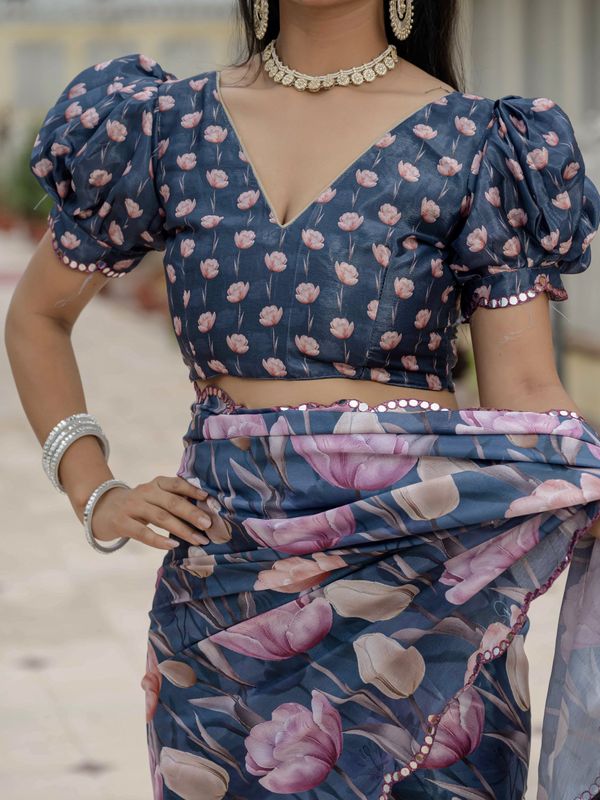 Midnight Blue Floral Heavy Chinnon Ready to Wear Saree
